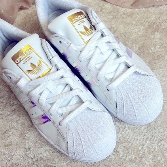 Brand New Adidas Originals Superstar White Lace Up Sneakers Iridescent 3-Stripe - Picture 13 of 16